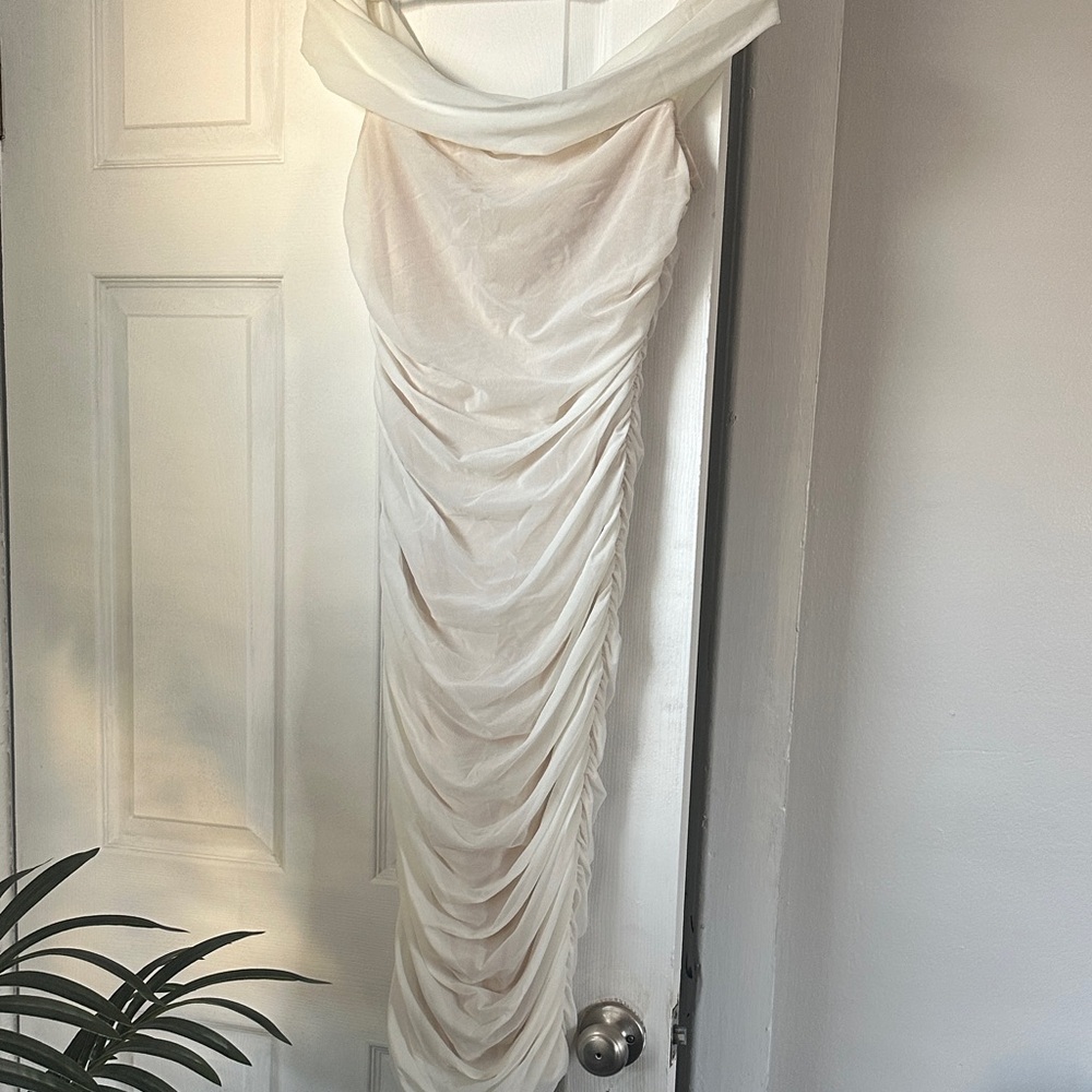 Fashion Nova Cream Strapless Ruched Maxi Dress